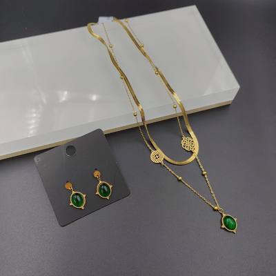 Neueste goldfarbene Ehrringe aus Edelstahl, Halskette, Armband mit grünem Stein für Damen