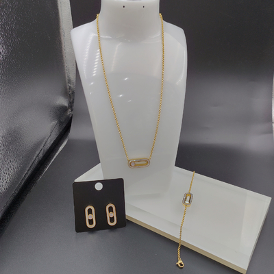 Neueste goldfarbene Ehrringe aus Edelstahl, Halskette, Armband mit Schale für Damen