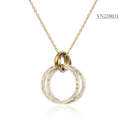 Gold Edelstahl Mode Halsketten Doppel Strass Ring Anhänger Halskette