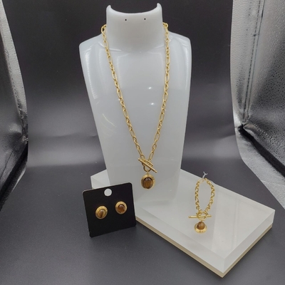 Neueste goldfarbene Ehrringe aus Edelstahl, Halskette, Armband mit Stein für Damen