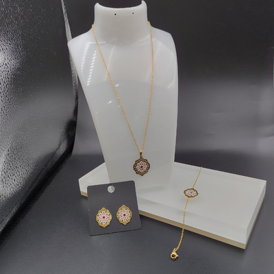 Neueste goldfarbene Ehrringe aus Edelstahl, Halskette, Armband mit grüner Schale für Damen